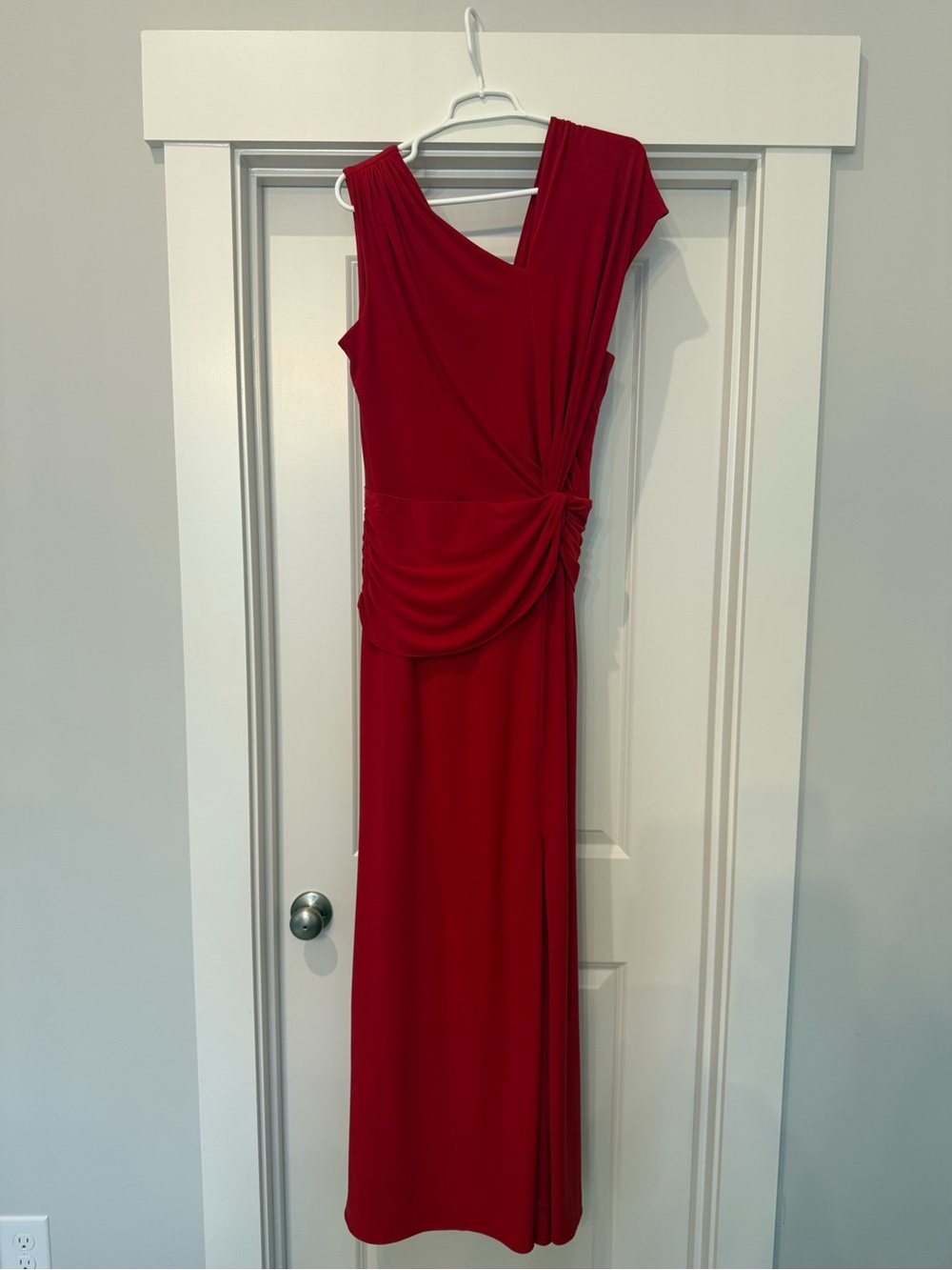Xscape Crimson Red One-Shoulder Draped Maxi Dress